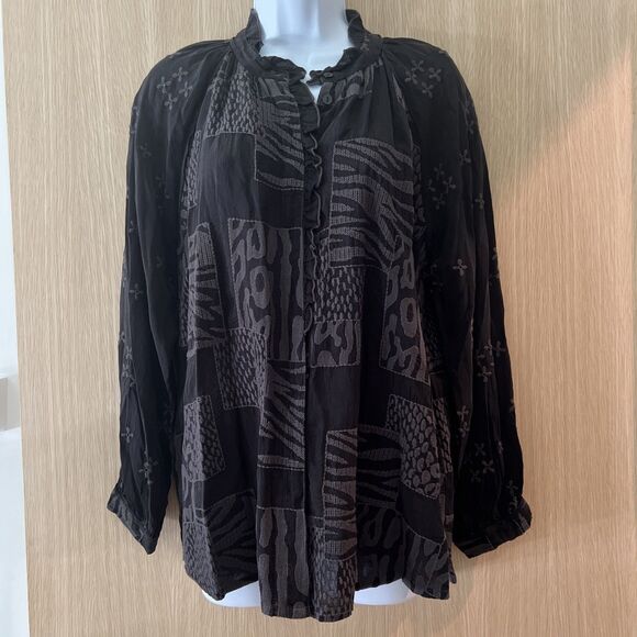 Johnny Was Tops - Johnny Was Molli Jaga Blouse Size Small Black Rayon Top Button Down NWT!